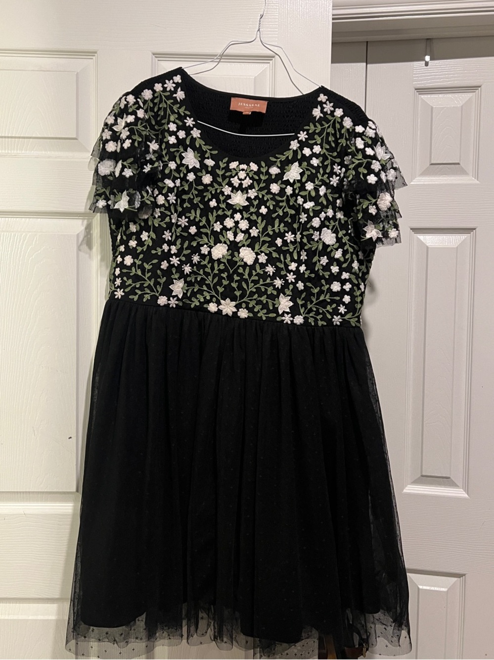 JessaKae Black Midi Dress with White Floral Embroidery